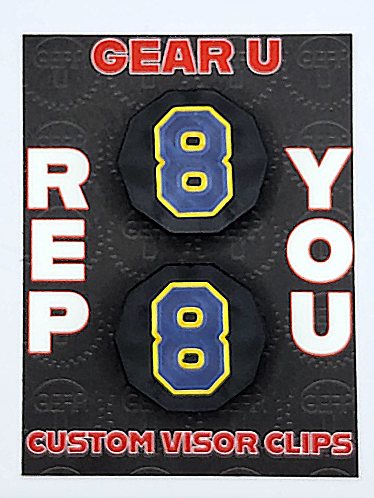 Black clips, Shiny dark blue number 8, gold outline