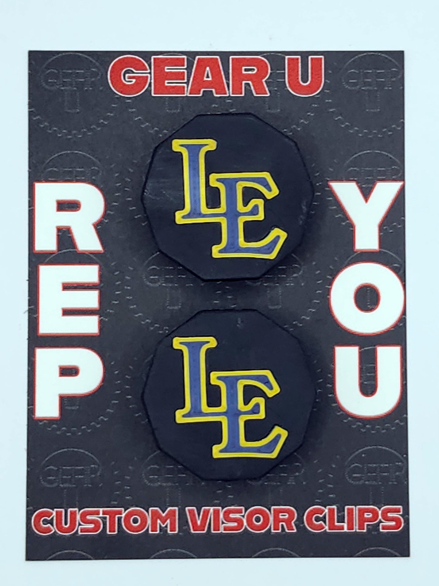 Black clips, Shinny dark blue "LE" Gold outline