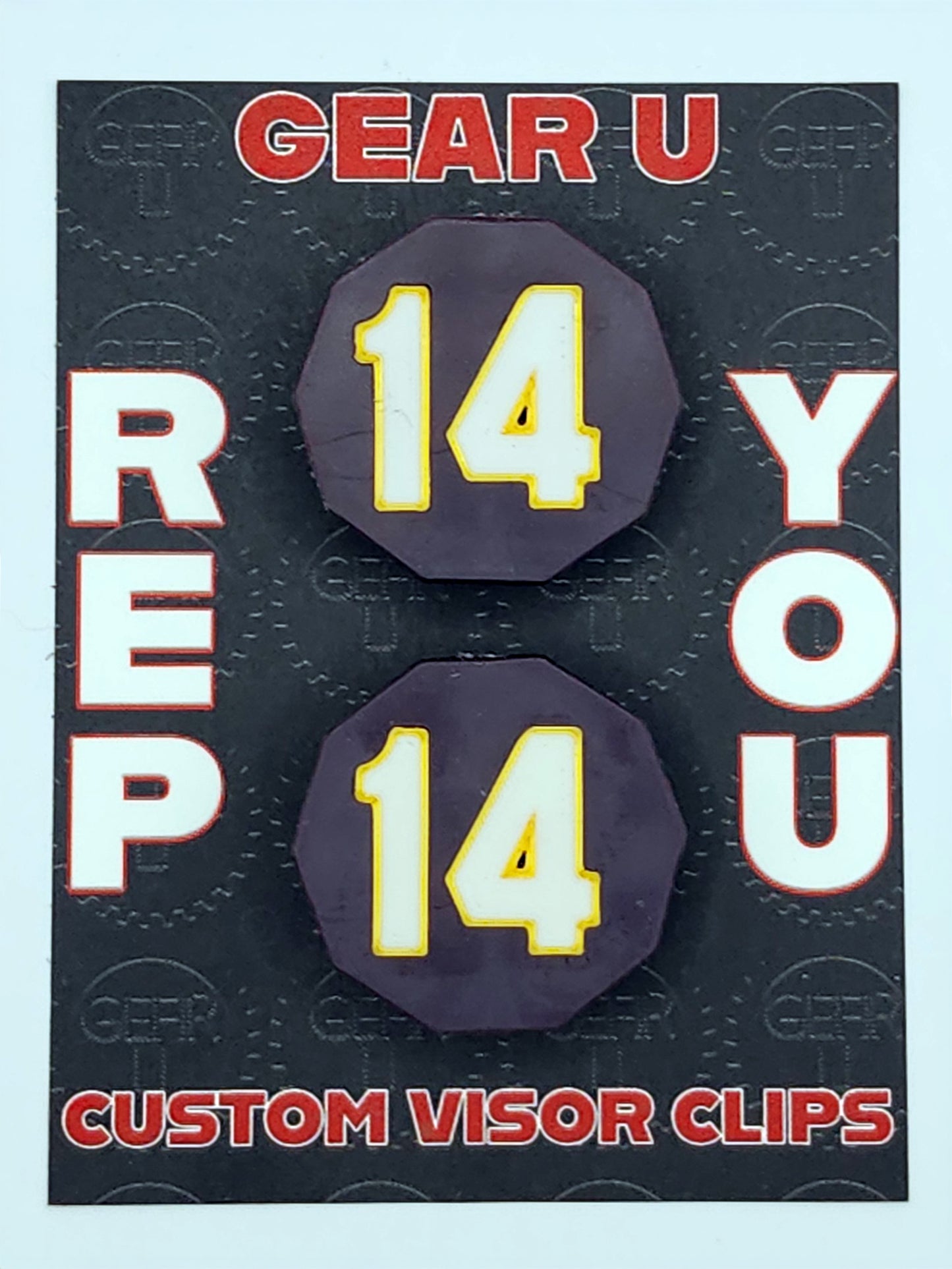 Dark plum clips, white number 14, gold outline