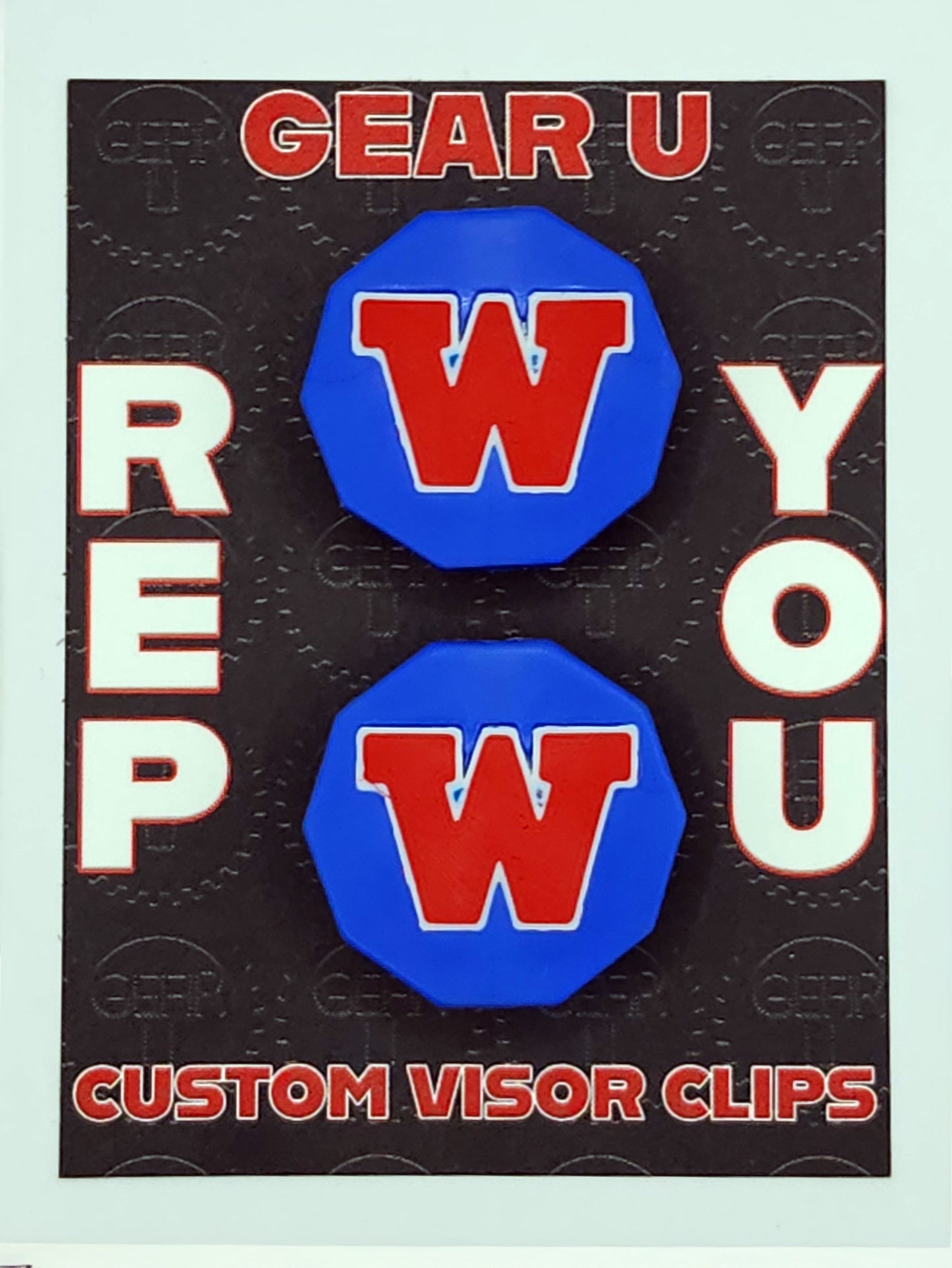 Blue clips, red W, white outline