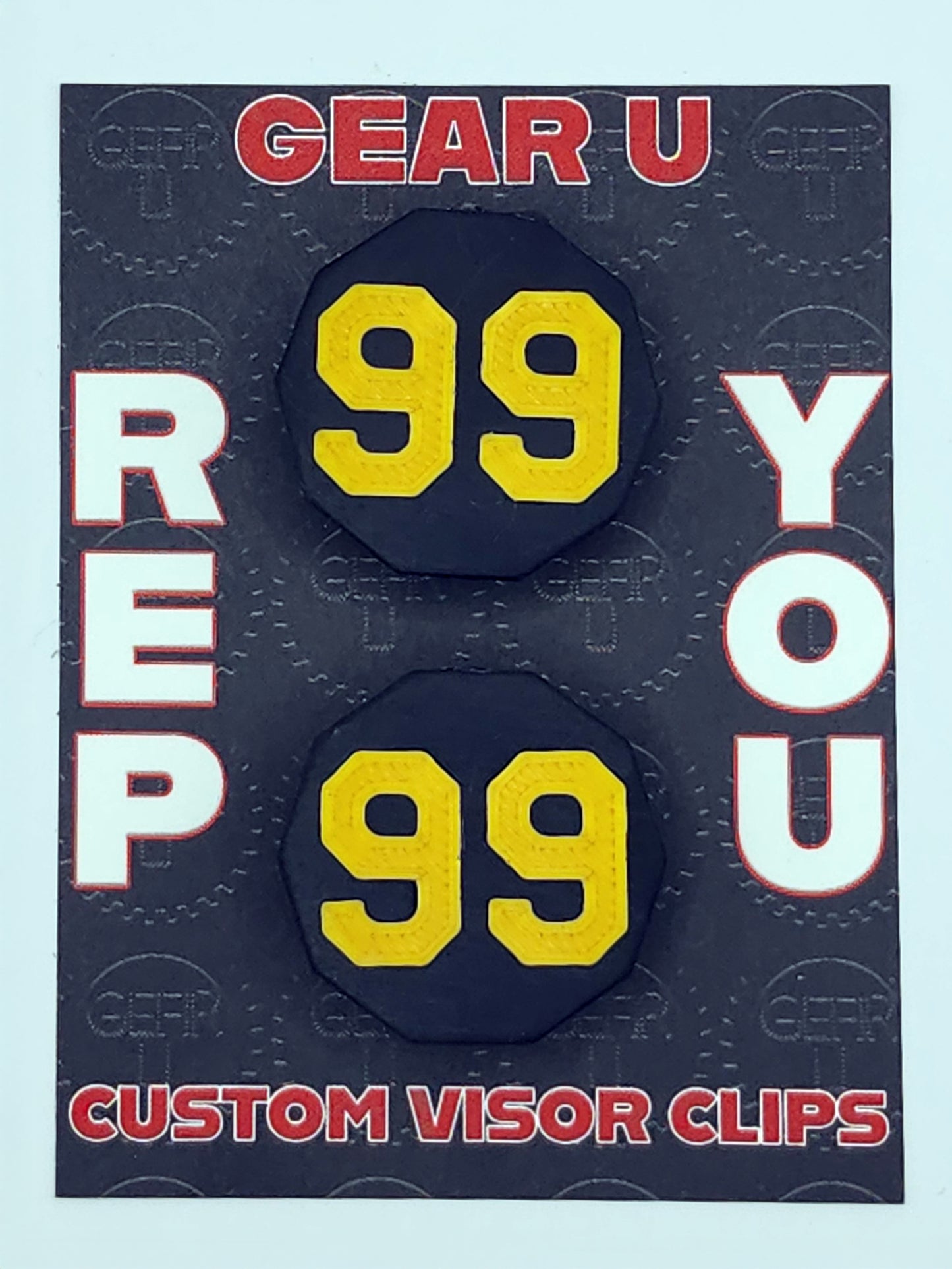 Black clips, gold number 99.