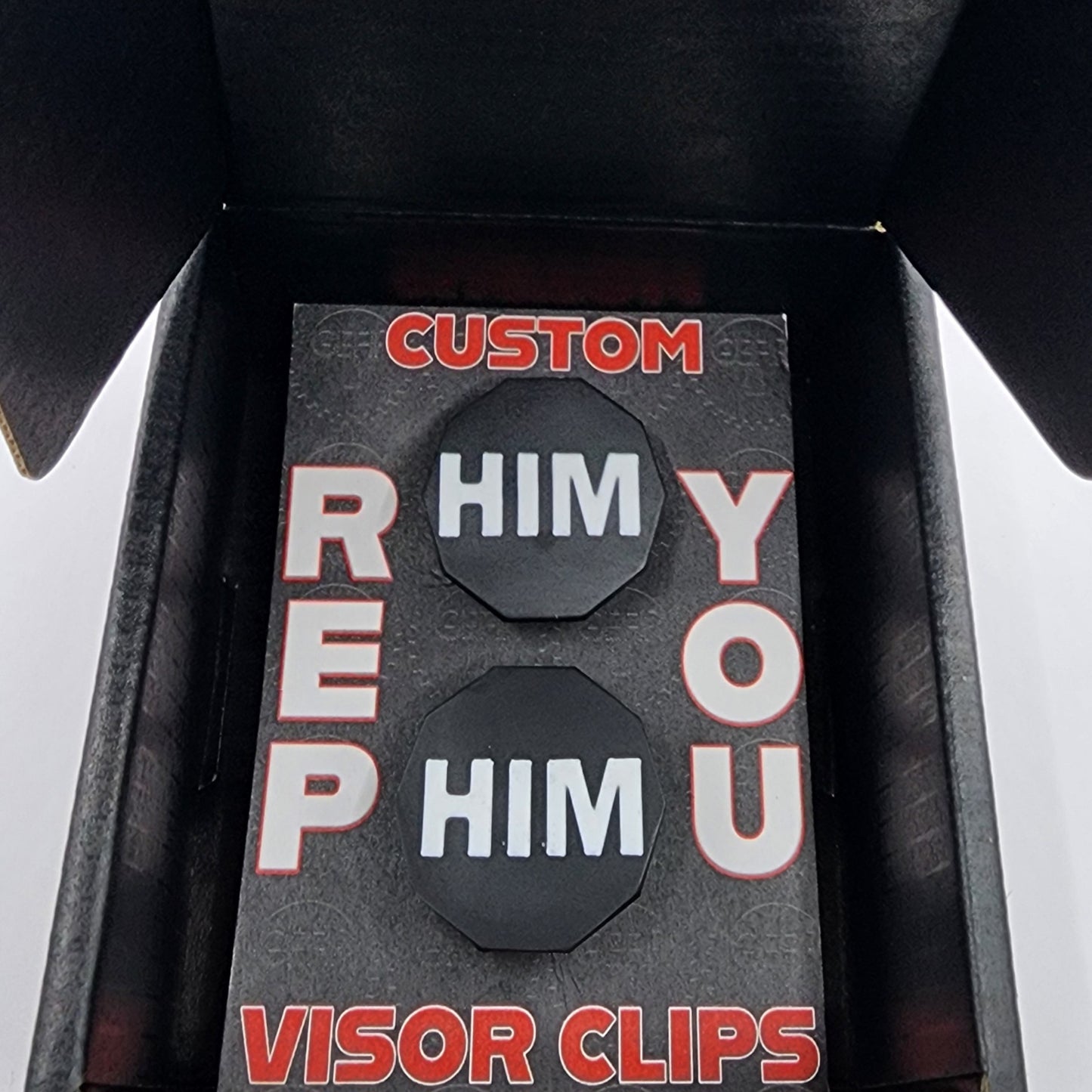 "HIM" Black/White visor clips (Pair)