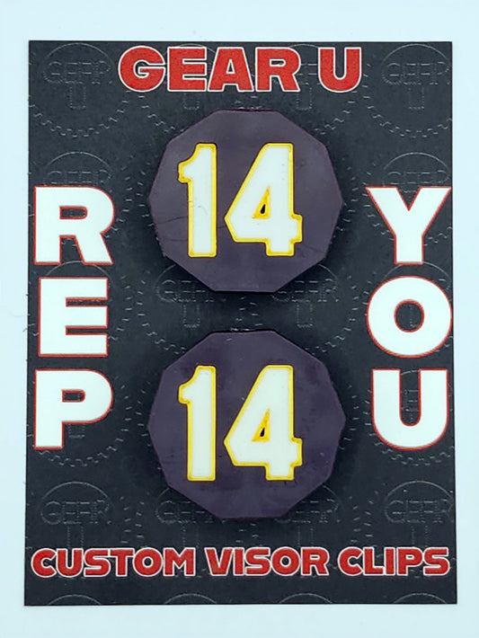 Dark plum clips, white number 14, gold outline