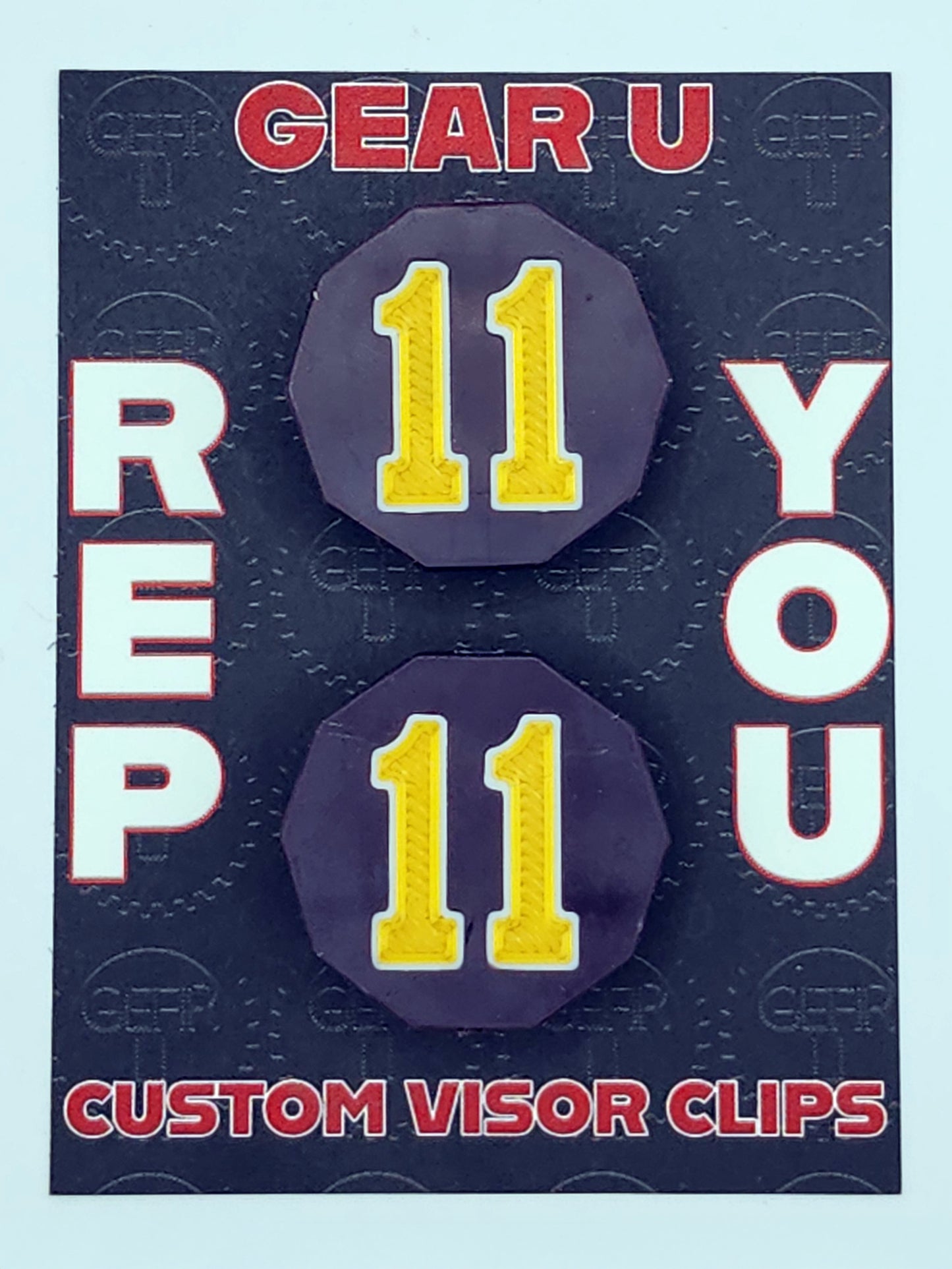 Dark plum clips, Gold number 11, white outline