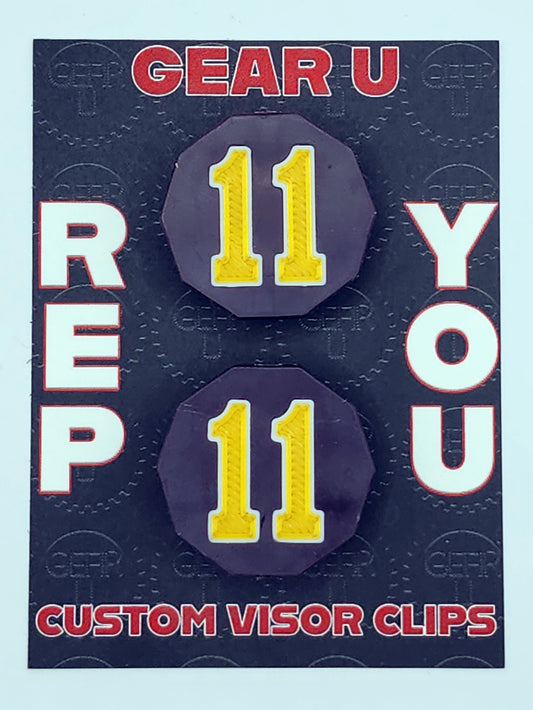 Dark plum clips, Gold number 11, white outline