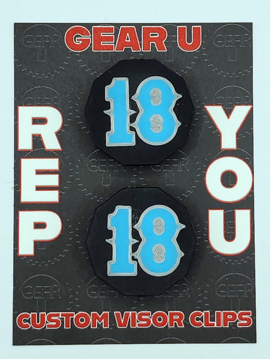 Black clips, light blue number 18, silver outline