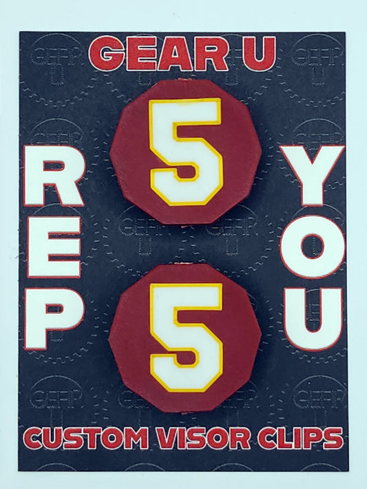 Dark Cardinal clips, White number 5, gold outline