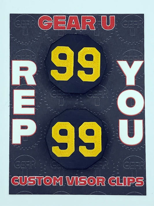 Black clips, gold number 99.