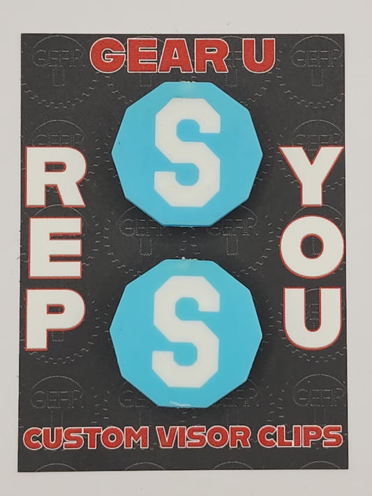 Light Blue Clips featuring a white letter "S"
